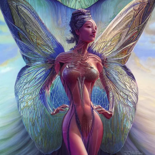 Prompt: a beautiful symmetrical woman full body wearing diamond cloth with translucent wings by alex gray and android jones , Karol Bak, Ayami Kojima, Amano , concept art, character design, fantasy,3D, 8k resolution