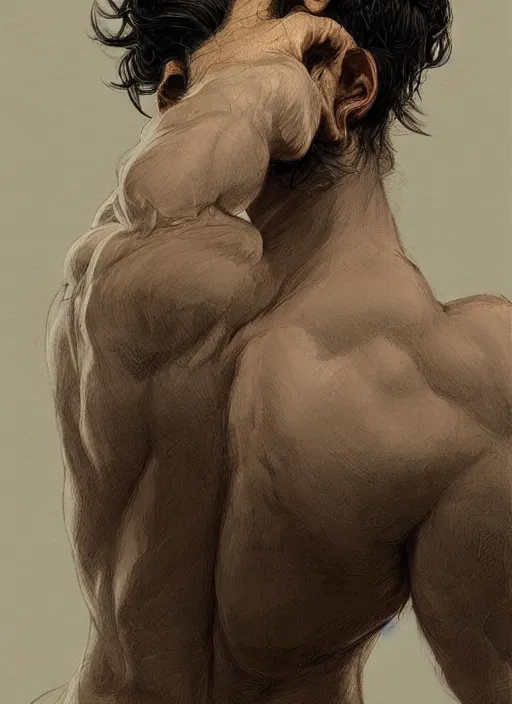 Prompt: darkhaired man seen from behind, head and shoulders, intricate, highly detailed, centered, digital painting, artstation, concept art, smooth, sharp focus, illustration, art by artgerm and donato giancola and Joseph Christian Leyendecker