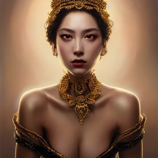 Prompt: expressive oil painting, of alluring european princess, seductive look, smooth glowing skin, glistening body, love, adoration, ornate headpiece made from black beads, choker, glamour shot, by yoshitaka amano, by greg rutkowski, by jeremyg lipkinng, by artgerm, digital art, octane render, white dress