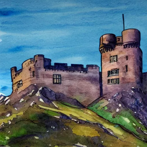 Prompt: beautiful scottish castle mountaintop watercolour mcdonalds resteraunt