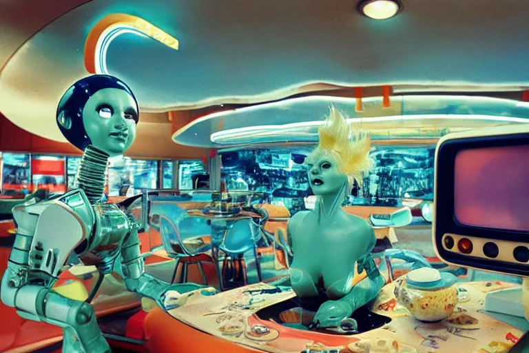 Prompt: robot mermaid sitting in a googie diner made of porcelain, from 1986, bathed in the glow of a crt television, tv screens in background, low-light photograph, in style of terry richardson