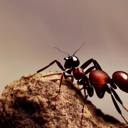 Image similar to king of ants, ant wearing crown ordering ant minions, cinematic, 4k, movie shot, ultra epic