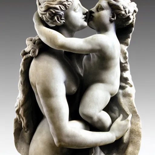 Prompt: sculpture of venus de milo and aphrodite kissing, hyperrealistic style in carrara marble