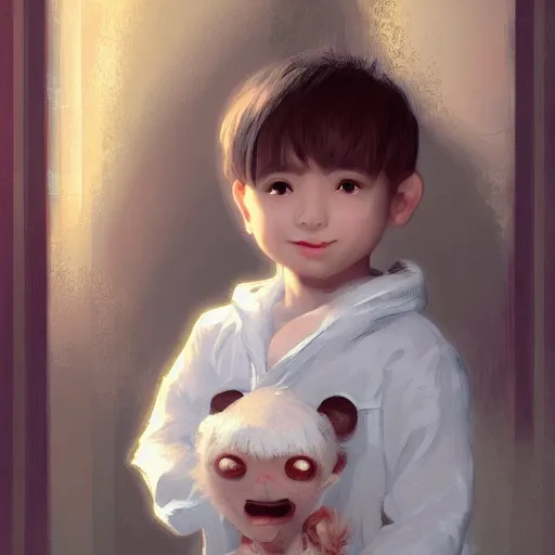 Image similar to young boy wearing white fabric pajama with cartoon paintings on it. standing and looking on a small furry smiling monkey. highly detailed, digital painting, artstation, concept art, smooth and sharp focus, cg by tian zi and wlop and alphonse mucha