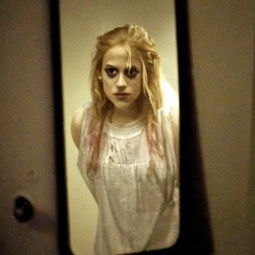 Prompt: Brittany Murphy spirit in the dark misty mirror, dark eerie pic, photo taken by ghost adventures