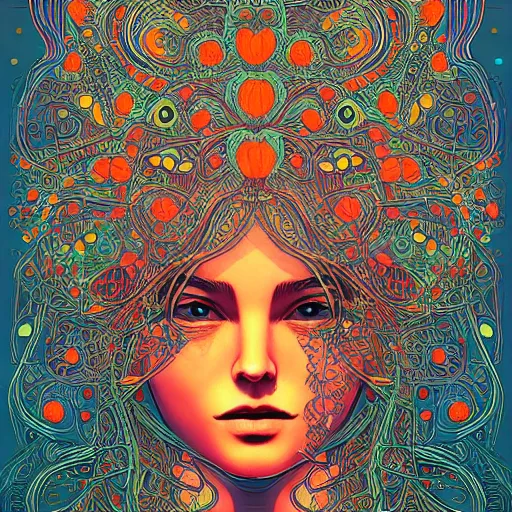 Image similar to the head of an incredibly beautiful woman partially made of carrots and blueberries, an ultrafine detailed illustration by james jean, final fantasy, intricate linework, bright colors, behance contest winner, vanitas, angular, altermodern, unreal engine 5 highly rendered, global illumination, radiant light, detailed and intricate environment