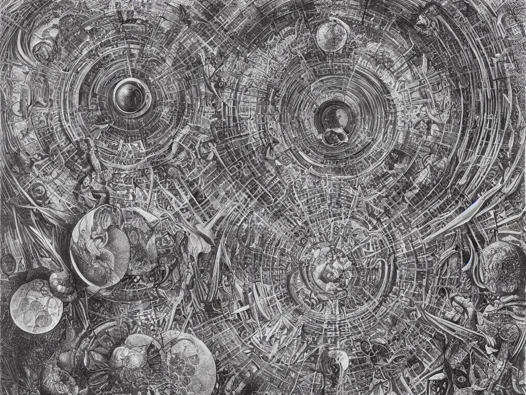 Image similar to The inside of a blood cell like a alien metropolis. Painting by Ernst Haeckel, Escher