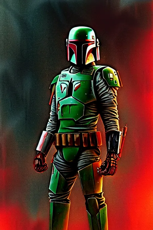 Image similar to boba fett x iron man, digital art, movie still from blade runner,