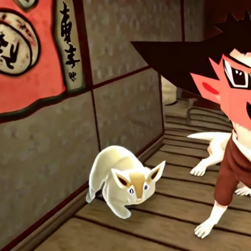 Prompt: Markiplier was absorbed into the Okami game. He must now befriend Okami in order to escape. Screenshot of the Markiplier character in the Playstation 2 game Okami. HDR, 4k, 8k, Okami being petted by Markiplier, who is looking at the camera.