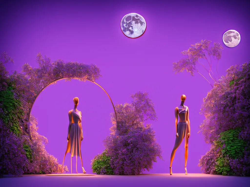 Image similar to beautiful mannequin sculpted out of amethyst by billelis + lit with 3 d geometric neon + facing a doorway opening with neon pink geometric fractal light + flowering hosta plants!!!, moon + city of los angeles in background!! dramatic, rule of thirds, award winning, 4 k, trending on artstation, photorealistic, volumetric lighting, octane render