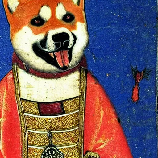 Image similar to potrait of shiba inu dog dressed as a king, medieval painting