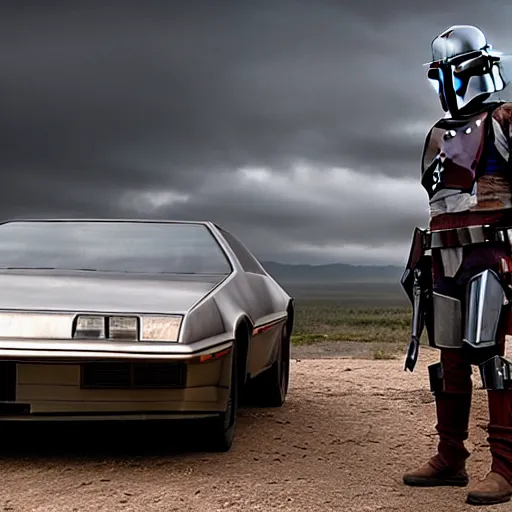 Image similar to stunning awe inspiring the mandalorian standing next to a delorean, movie still 8 k hdr atmospheric lighting