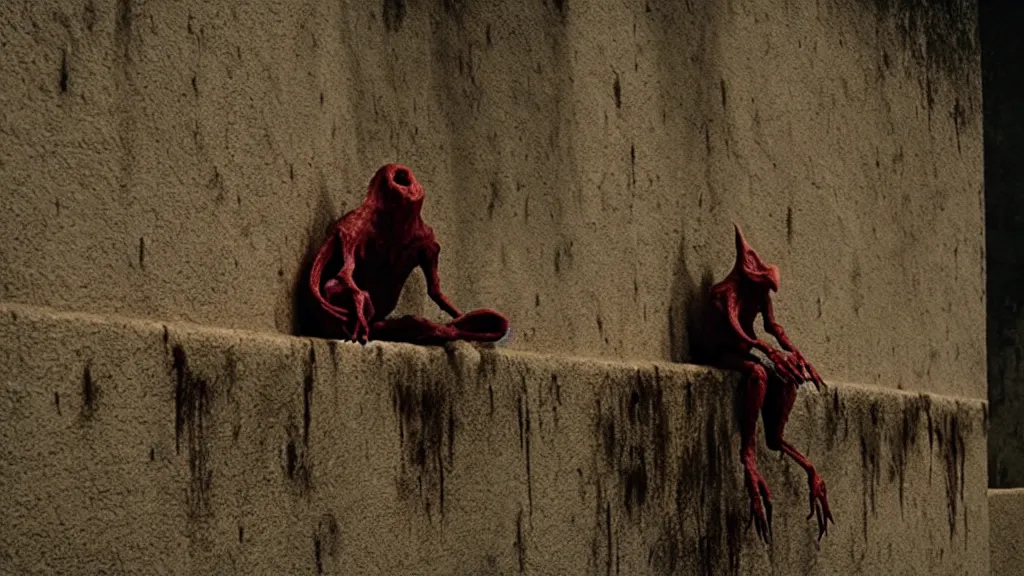 Image similar to the strange creature sits on the wall, made of blood, film still from the movie directed by Denis Villeneuve with art direction by Salvador Dalí, wide lens