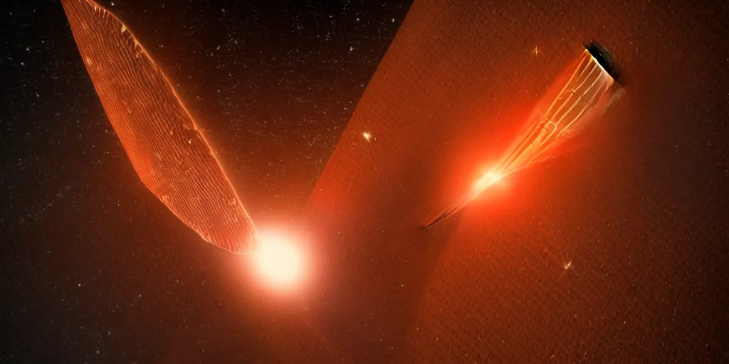 Prompt: medium close up of a solar sail probe entering a solar system carrying a dead alien. The probe is from an isolated star in a thick dust cloud, UE5, 8K, 4K