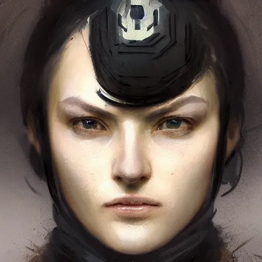 Prompt: Portrait of a woman by Greg Rutkowski, she is about 20 years old, round face, mixture between german and russian, black bob hair, attractive, determined but resentful look, she is wearing futuristic military fatigues with a black scarf, highly detailed portrait, scifi, digital painting, artstation, concept art, smooth, sharp foccus ilustration, Artstation HQ.