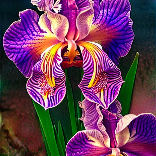 Prompt: detailed surreal orchid iris hybrid flower with lsd dew drops on petals, backlit, sunset, refracted lighting, photorealistic, soft, sharp focus, art by collier, albert aublet, krenz cushart, artem demura, alphonse mucha