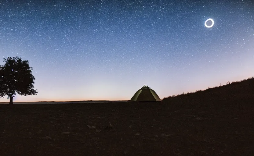 Image similar to night timelapse photography of a tent with a tree with the moon in the sky