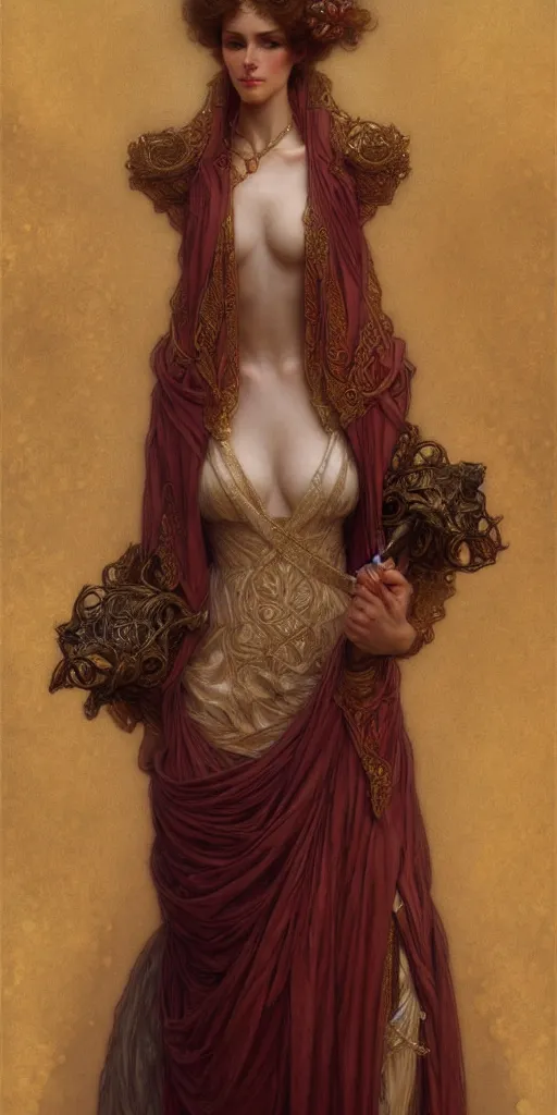 Image similar to character portrait of a modest woman, tall, feminine, powerful, modestly clothed, voluminous, intricate, elegant, highly detailed, digital painting, artstation, smooth, symmetrical, sharp focus, illustration, art by gaston bussiere and alphone mucha