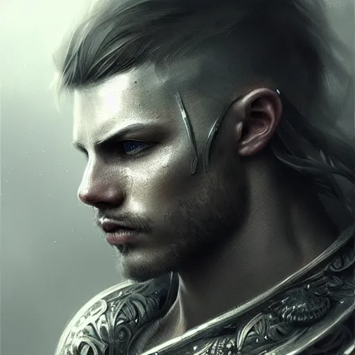 Image similar to beautiful extremely detailed intricate concept art depicting a male warrior by wlop. shining jewelry. grey atmosphere. bcy. net