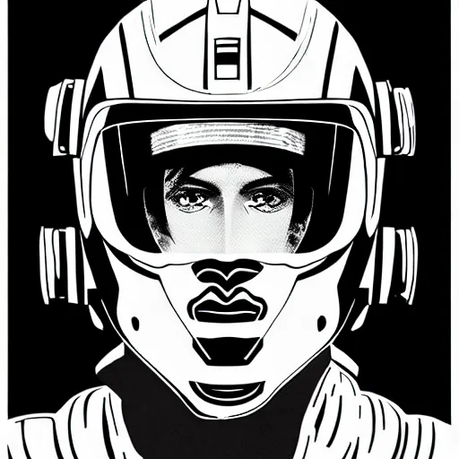 Prompt: black and white Roman Sustov style ink drawing of detailed brutal pilot with detailed face and wearing detailed retrofuturistic costume designed by Roman Sustov and wearing detailed retrofuturistic sci-fi Neural interface designed by Roman Sustov. Vibrant volumetric natural light In style of Roman Sustov.