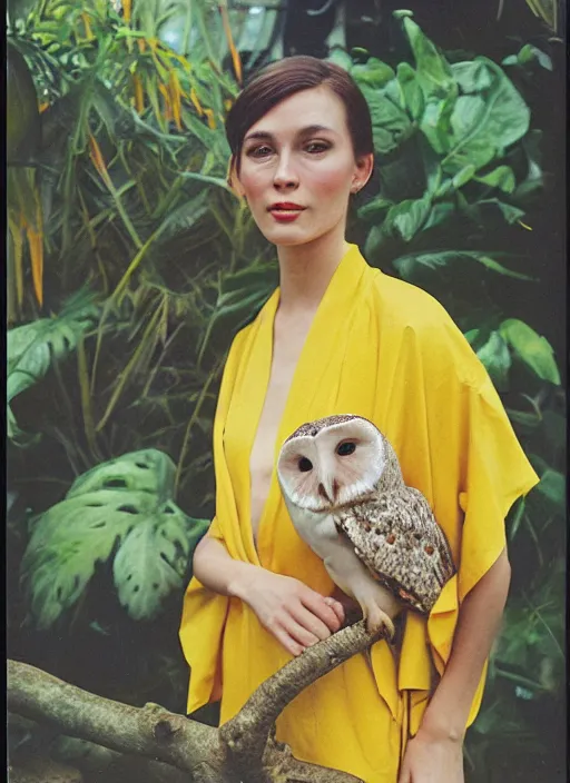 Image similar to grainy head to shoulder portrait Polaroid film photograph of an elegant top model wearing a yellow kimono with a very detailed barn owl on her shoulder!!! in a tropical greenhouse. looking at the camera!!. super resolution. Extremely detailed. Polaroid 600 film. art by James Gurney.