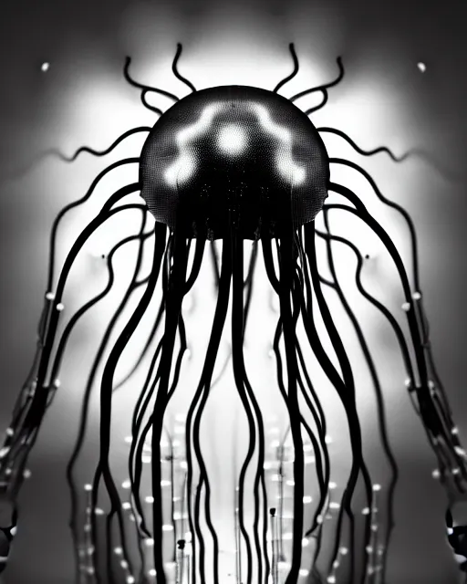 Image similar to black and white cyborg-jellyfish-plant goddess high quality photo, microchip, artificial intelligence, bio-mechanical bio-luminescence, black wired cables, neurons, nerve cells, octane render, cinematic, rim light, hyper realism, photo-realistic, high detail, 8k, masterpiece, high fashion, in the style of Steven Meisel and Dora Maar and H.G. Giger