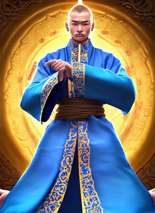 Image similar to male mongolian martial artist!!!! blue eyes!! intricate ornate blue robes!! character concept art, sharp focus, octane render! unreal engine 5! highly rendered!! trending on artstation!! detailed linework!! illustration by artgerm, wlop, and chie yoshii