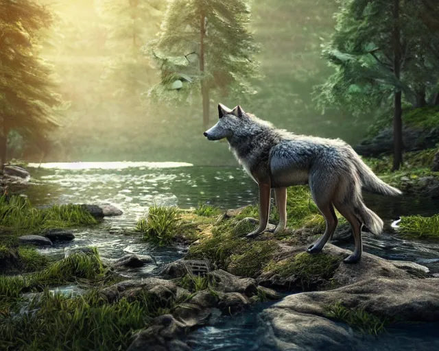 Prompt: a wolf standing on a riverbank in a forest, natural lighting, ultra realistic, concept art, intricate details, highly detailed, photorealistic, octane render, 8 k, unreal engine