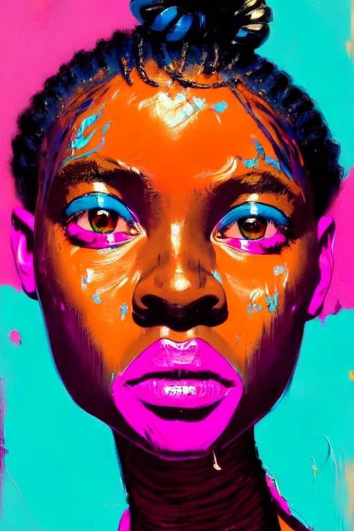 Image similar to portrait of a stylized african young lady, painted in acrylic, pigment textures, wet paint, in the colors hot pink and cyan, beautiful realistic face, rule of thirds, spotlight, by greg rutkowski, by jeremy mann, by francoise nielly, by van gogh, by ross tran, in focus