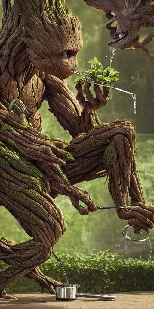 Prompt: photorealistic wide shot of groot watering his feet with a watering can inspired by Giger, octane render, unreal engine 4k, volumetric light, fog, detailed
