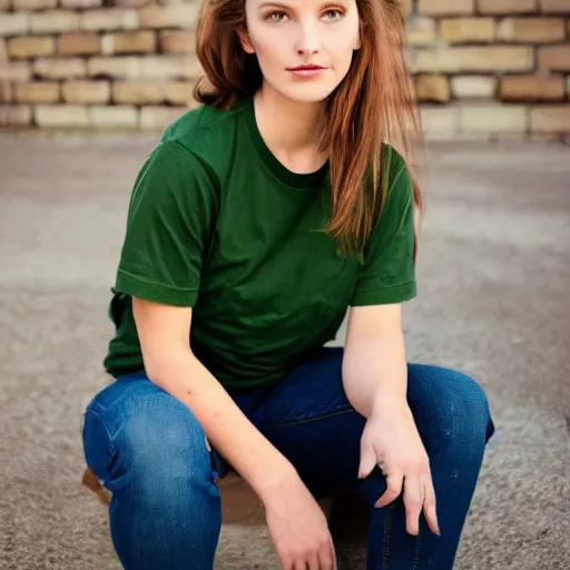 Prompt: portrait of an 20-something Canadian dressed in, light brown hair, green eyes, vintage tshirt and jeans, pony tail, girl next door innocent look, elegant pose, masterpiece