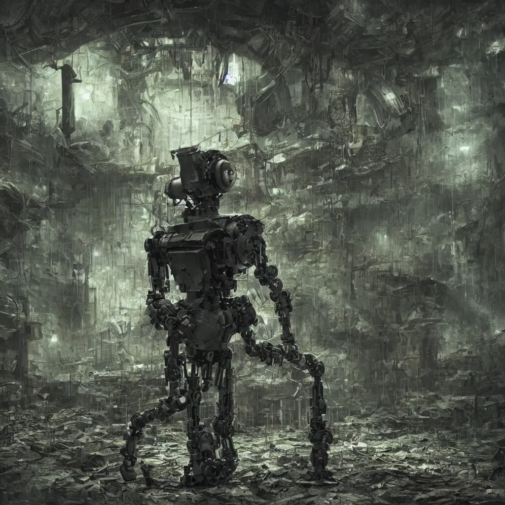 Prompt: the remnants of a broken robot in an underground laboratory, foliage, dark somber melancholic matte painting, highly detailed oil painting, liminal space, 8k, stillness, solitude, sorrowful and awe-inspiring atmosphere, shallow depth of field, masterpiece