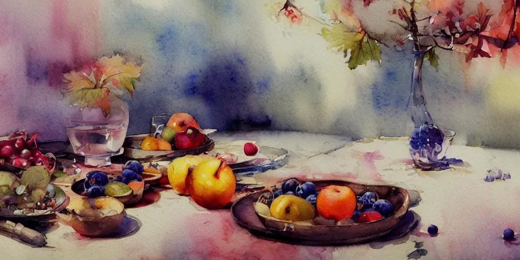 Prompt: a beautiful insanely intricate watercolor illustration of modern table sill life with fruits, reflexions, colorfull, by william turner art, by greg rutkowski, by james jean, by rossdraws, by frank franzzeta, by sakimichan, by edmund dulac, trending on artstation, insanely detailed, masterpiece,