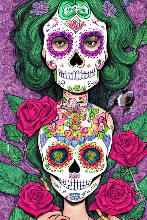 Image similar to Illustration of a sugar skull day of the dead girl, art by david wiesner