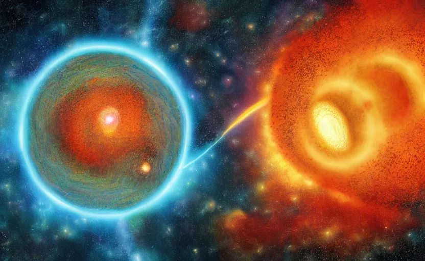 Image similar to A Quasar destroys a planet which explodes, digital Art, Highly Detailed