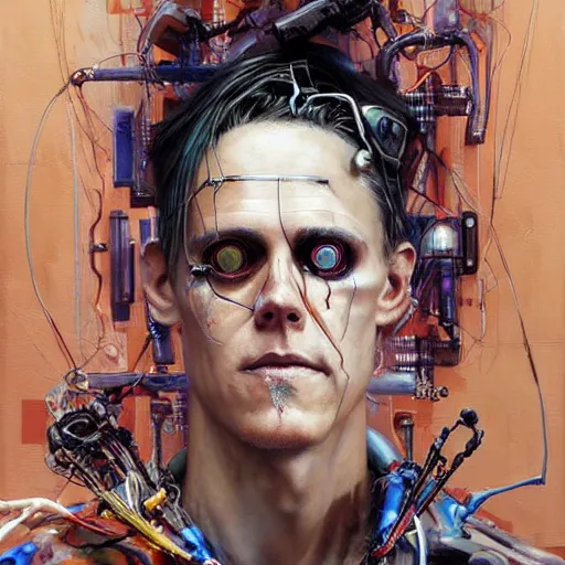 Image similar to zach greinke as a cyberpunk hacker, wires cybernetic implants, in the style of adrian ghenie, esao andrews, jenny saville, surrealism, dark art by james jean, takato yamamoto