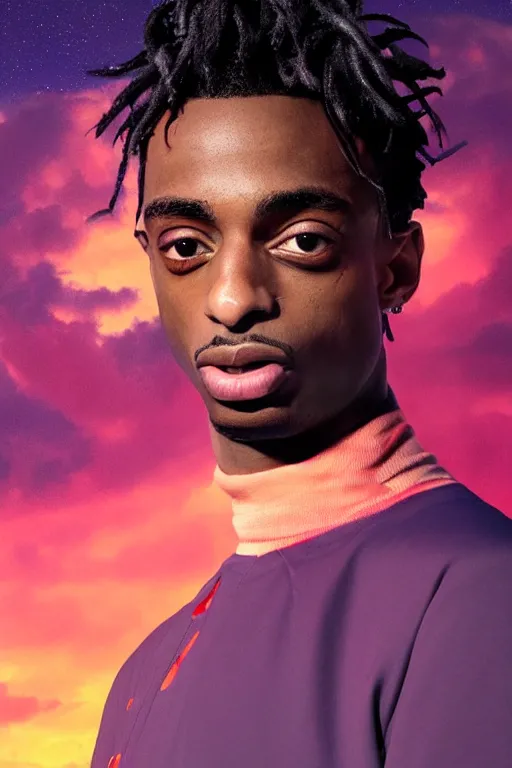 Prompt: Playboi Carti surrounded by red clouds, hyper realistic, octane render, stardust in atmosphere, purple liquid , realistic hair, award winning artwork, trending on artstation, high quality printing, fine art with subtle redshift rendering