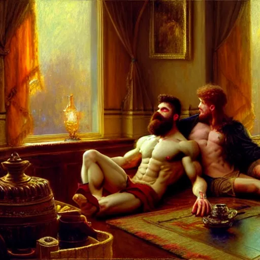 Image similar to attractive muscular mike with ginger hair with attractive tyler with brunet hair, drinking their hearts out, in their noble mansion. highly defined painting, highly detailed painting by gaston bussiere, craig mullins 8 k