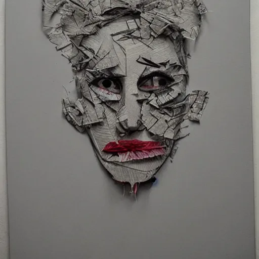 Image similar to face shredded like paper masks, horror, surreal, drawing, painting