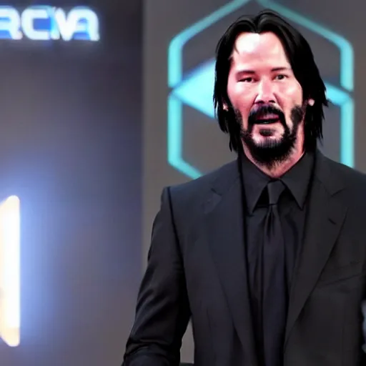 Image similar to Keanu Reeves facepalming over how bad Cyberpunk 2077 was