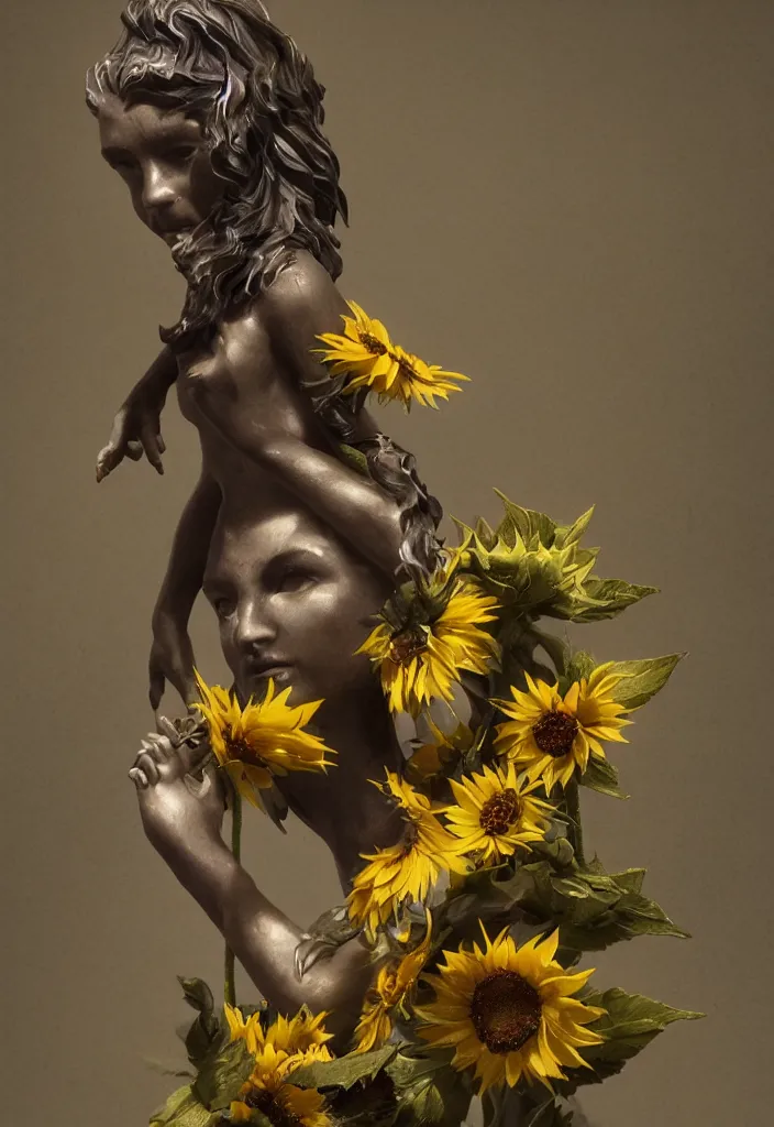 Image similar to a small hybrid sunflower statue by greg rutkowski, sung choi, mitchell mohrhauser, maciej kuciara, johnson ting, maxim verehin, peter konig, 8 k photorealistic, cinematic lighting, hd, high details, dramatic, atmosphereric, trending on artstation