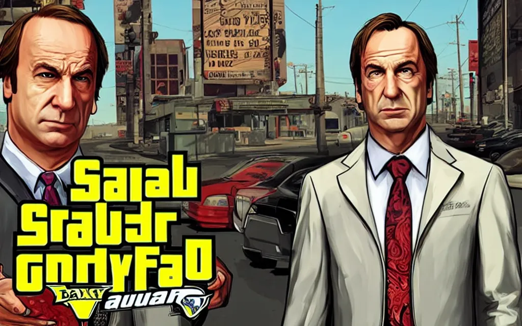 Image similar to Saul Goodman in GTA V, Cover art by Stephen Bliss, boxart, loading screen,