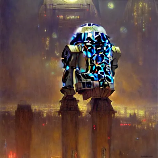 Prompt: portrait r 2 d 2. spaceship futuristic city. shadowrun cyberpunk fantasy d & d painting by gaston bussiere craig mullins jc leyendecker gustav klimt artgerm greg rutkowski john berkey, bergey, craig mullins, ruan jia, raymond swanland, tom lovell