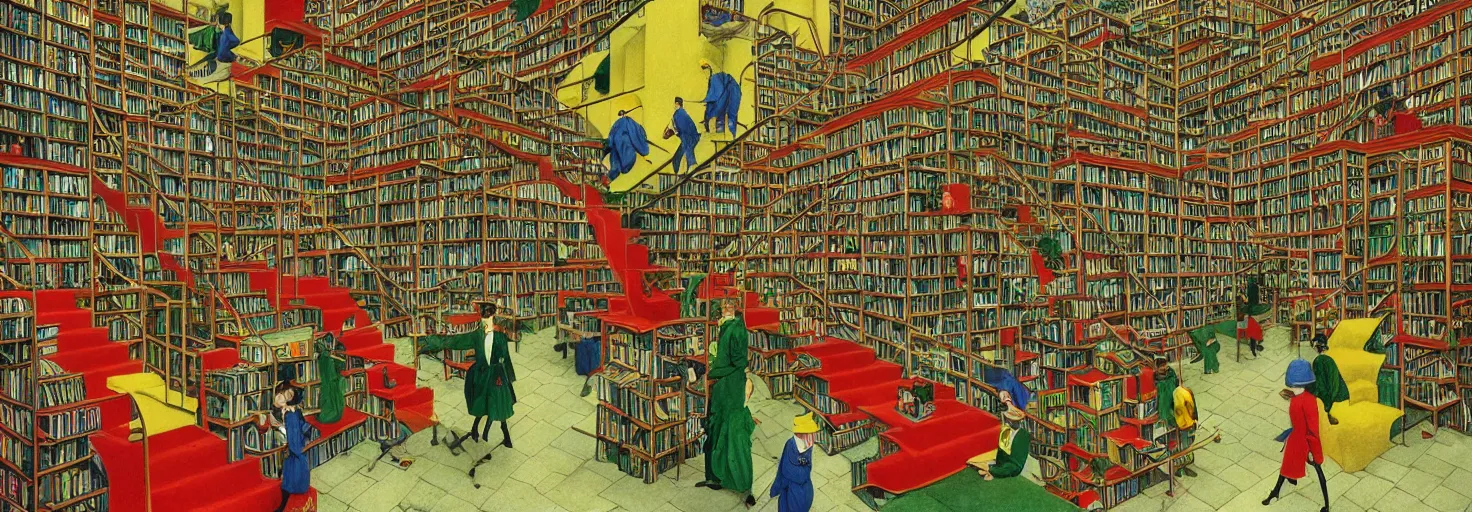 Image similar to a book store, customers are rabbit, by m. c. escher, yellow, green, red, snowy, ultra sharp, ultra detailed, happy, uplifting, colorized by salvador dali