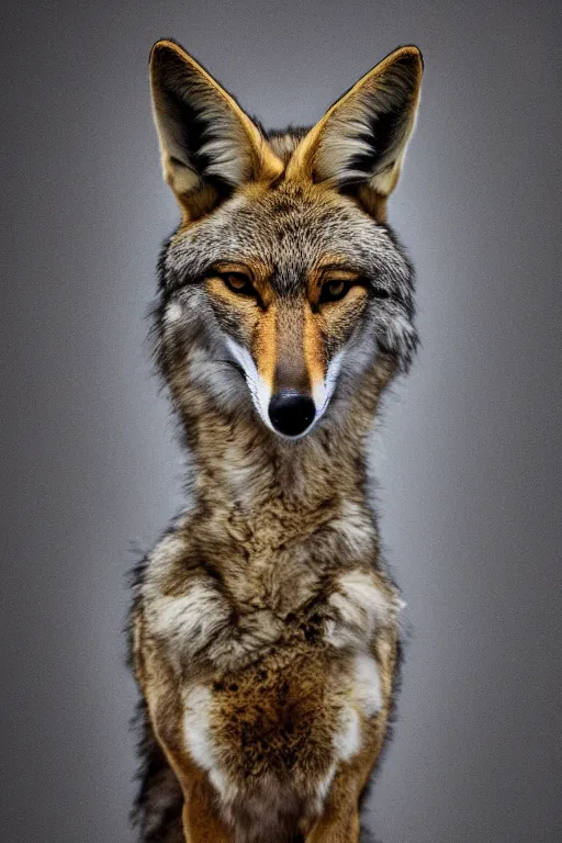 Image similar to furry anthro anthropomorphic portrait of a coyote head animal person fursona standing in a plain white room professional studio photo