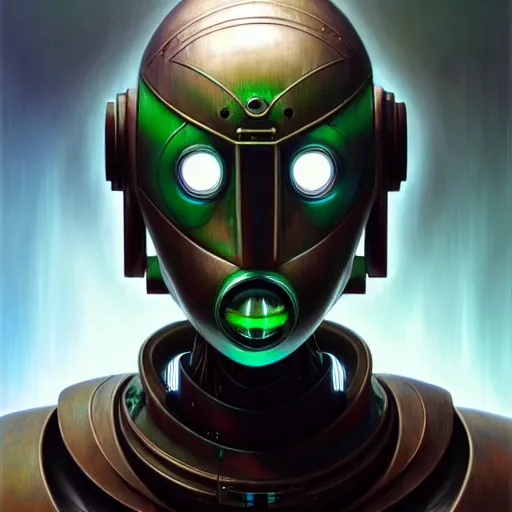 Image similar to low angle shot of a cyberpunk gazmask robot character, green eyes, intricate, elegant, highly detailed, centered, digital painting, artstation, concept art, smooth, sharp focus, illustration, artgerm, Tomasz Alen Kopera, Peter Mohrbacher, donato giancola, Joseph Christian Leyendecker, WLOP, Boris Vallejo