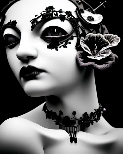 Image similar to black and white dreamy foggy poetic smoky profile face portrait, one silver steampunk realistic eye biomechanical beautiful angelic young female cyclope - cyborg - robot bust, body ribs meshes,, volumetric light, hibiscus flowers, by dora maar, rim light, big gothic fashion pearl embroidered collar, 8 k