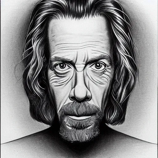 Image similar to Alan watts drawn by alex grey