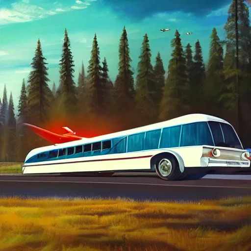 Image similar to a [ 5 0 s bus infused with airplane wings ] flies above a forest and lake, [ oil painting ]!!, trending on cgsociety, 4 k