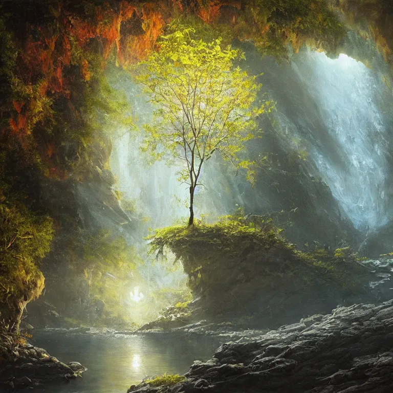 Image similar to A beautiful, highly detailed, very realistic oil painting of a single tree with rainbow leaves, next to a small river, glowing bright blue in the middle of a huge, very dark cave, with lots of dark grey rocks, oil painting by Greg Rutkowski.